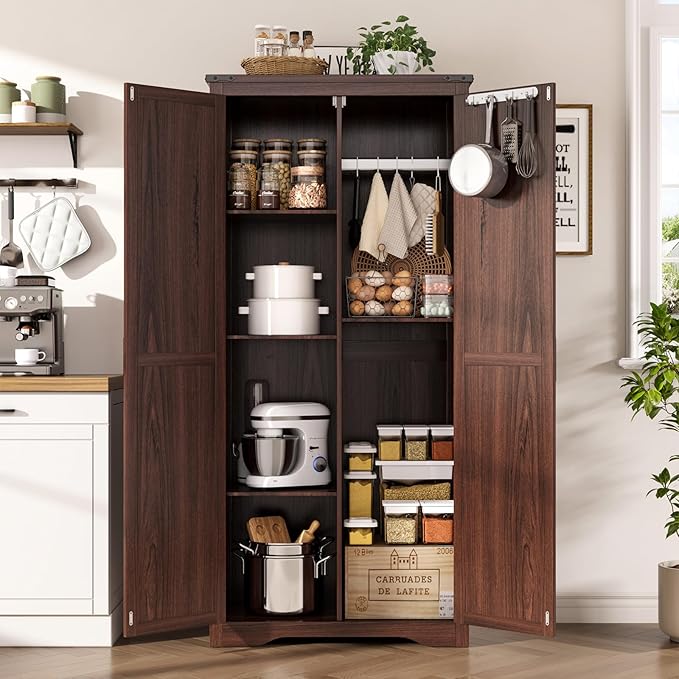 Tall Storage Cabinet with Adjustable Shelves, Farmhouse Pantry Organize with 2 Barn Doors, Large Freestanding Cabinet for Kitchen, Garage, Basement, Living, Utility Room, Brown
