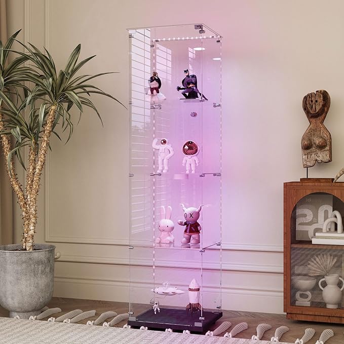 Yoluckea 4 Tiers Glass Display Cabinet with Bluetooth LED Light Strip, 1 Door Floor Standing Curio Cabinet with Universal Wheel for Home Office Display, Black Glass Bookshelf for Collections,Clear Top