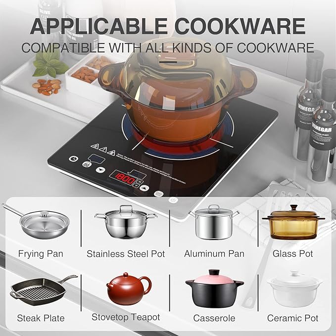 VBGK Electric Cooktop,110V Electric Stove Top,Single Burner LED Touch Control,9 Power Levels, Kids Lock &Timer,Overheat Protection,1800W Portable Induction Cooktop.