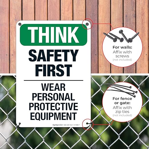 Think Safety First Wear Personal Protective Equipment Sign, 10x7 Inches, Rust Free .040 Aluminum, Fade Resistant, Made in USA