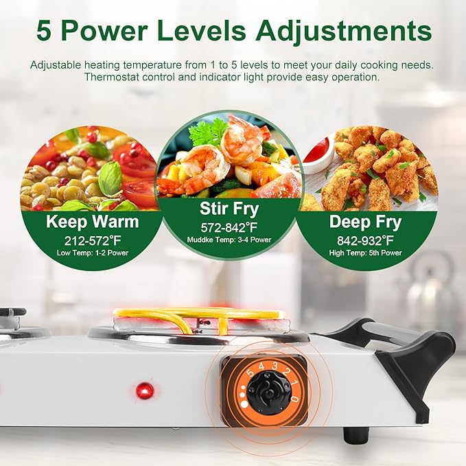 2000W Double Burner Electric, Portable Hot Plate for Cooking, Cooking Stove with 5 Temperature Adjustments, Countertop Burner Cooktop for Kitchen, Dorm (2Burner_White, 21x10x4")