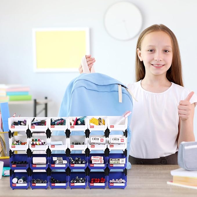 Stackable Storage Bins 24 Pack (5x4x3 Inch), Plastic Stackable Storage Organizer Bins Wall Mounted Hanging Small Parts Bin for Garage, Workbench & Office (Blue & White)
