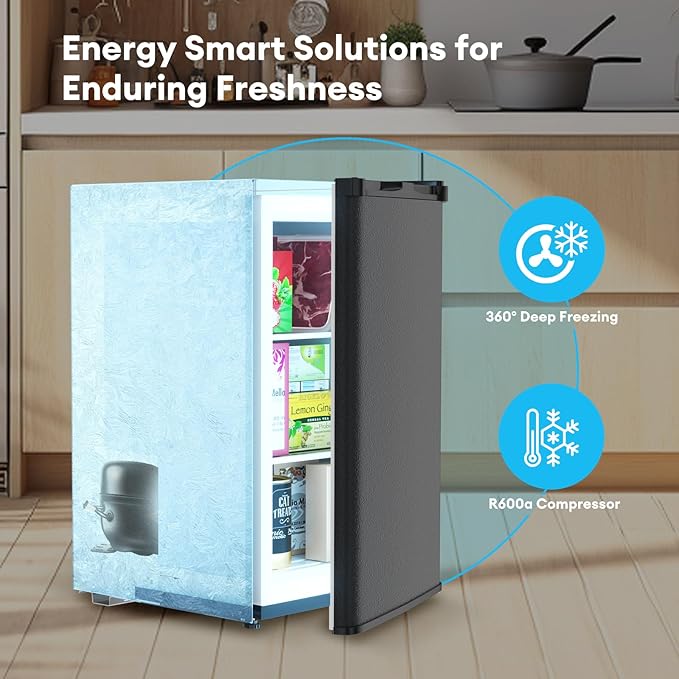 TABU 3.6 Cu Ft Upright Freezer, Compact Freestanding Mini Freezer with 7 Adjustable Thermostat & Removable Shelves, Reversible Stainless Steel Door, Black