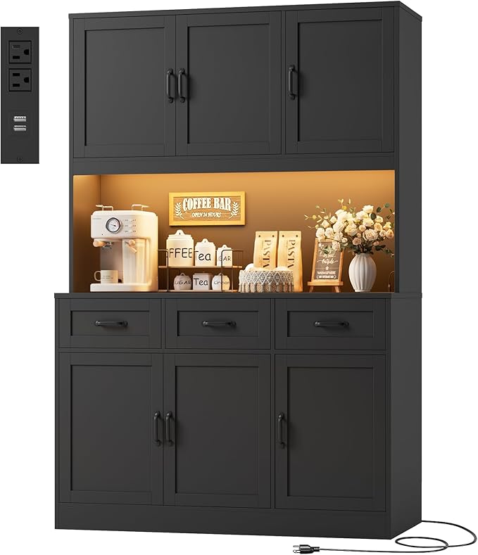 HOSTACK 72" Tall Kitchen Pantry Cabinet with Charging Station | LED Lights, 47" W Kitchen Pantry Storage Cabinet with Countertop, Modern Kitchens Hutch Cabinets with Storage for Dining Room, Black