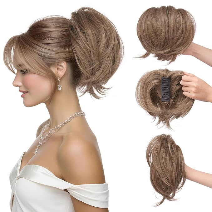 SOFEIYAN Claw Clip Short Ponytail Extension DIY Bendable Wires Hair Bun Fluffy Fake Hair Piece Straight Synthetic Hair Ponytail Extensions for Wonen - Dark Blonde mixed Bleach Blonde