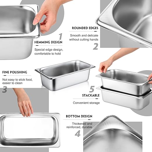 10 Pack Hotel Pans Stainless Steel Steam Table Pan 1/3 Size, 0.8 mm Thick Anti Jam Warming Pans for Food Warmer Restaurant Catering Supplies, 12.8 x 6.9 Inch(4 Inch Deep,Standard)