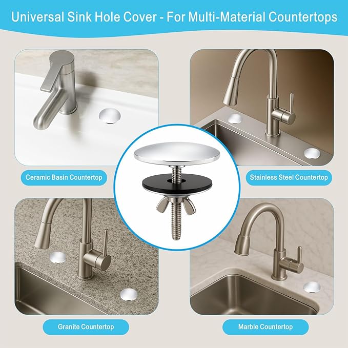 2-Inch Faucet Hole Cover, Sink Hole Cover, Solid Brass Chrome-Plated Kitchen Sink Tap Hole Plate Stopper Cover for Home Kitchen and Bathroom, Kitchen Sink Hole Covers (Silver)