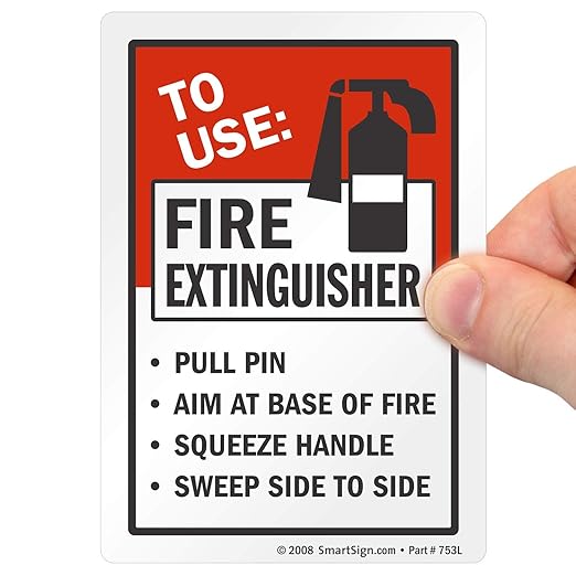 SmartSign 5" x 3.5" 'to Use Fire Extinguisher Pull Pin Aim at Base Squeeze Handle Sweep Side to Side' Sticker Label with Symbol, 3 mil Laminated Adhesive Polyester, Red/Black/White, USA-Made