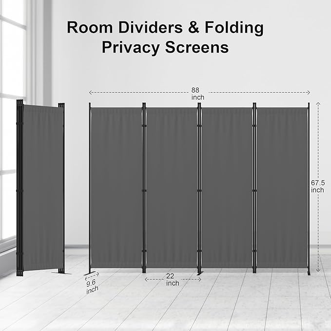 Privacy Screen Room Divider as Dressing Screen 4 Panel Wall Room Divider with 3 Wider Feet Portable Wall 6FT Partition Wall for Office Dining Room Children's Separate Rooms,Grey