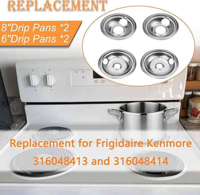 Stove Burner Covers,Replacement Chrome Drip Pans for Frigidaire Kenmore 316048413 and 316048414,4 pcs (4x6")