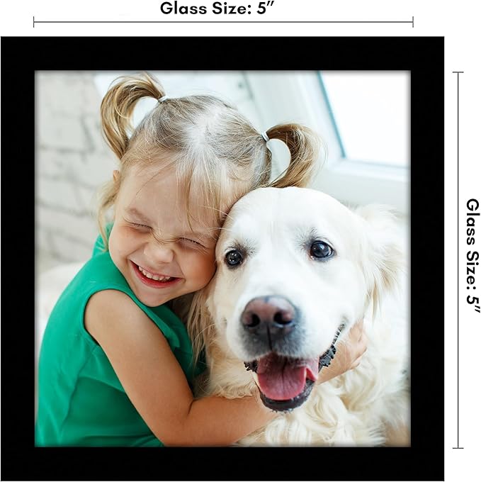 Americanflat 5x5 Picture Frame with Shatter-Resistant Glass - Streamline Collection - Thin Border Square Frame for Tabletop and Wall Display - Hanging Hardware and Easel Stand Included - Black