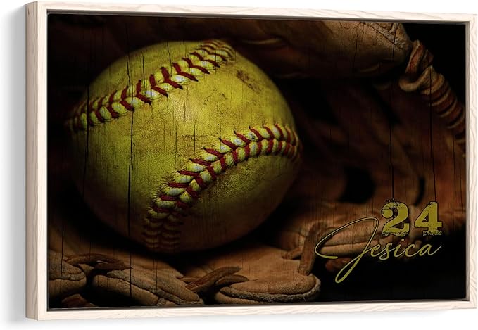 Personalized Softball Poster & Framed Canvas - Softball And Gloves Vintage Home Office Decor, Custom Name Number Bedroom Living Room Aesthetic Wall Art Gift For Daughter, Softball Player