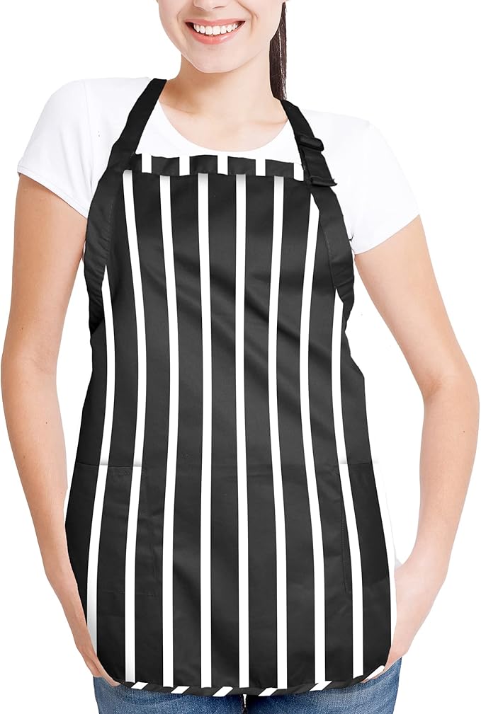 DALIX Apron Commercial Restaurant Home Bib Spun Poly Cotton Kitchen Aprons (2 Pockets) in Pinstripe Black/White