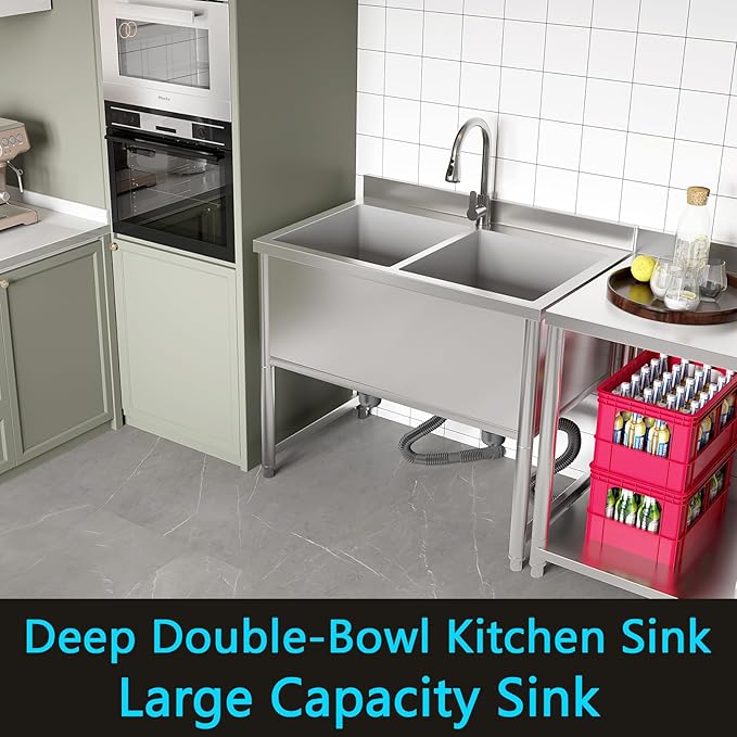 35" Stainless Steel Commercial Sink 2 Bowl Freestanding Kitchen Sink with Pull-out Faucet, Large Utility Sink for Kitchen, Dishwashing, Thawing, Laundry Room, Garage, Outdoor, Total Capacity 36 Gallon