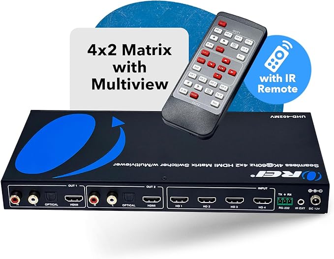OREI 4K Multi HDMI Viewer Quad 4 in 2 Out, Matrix Switcher 4 Ports Seamless IR Remote Support 4K @ 60Hz 1080P for PS4/PC/DVD/Security Camera, HDMI Switch Optical Audio L/R Output - UHD-402MV