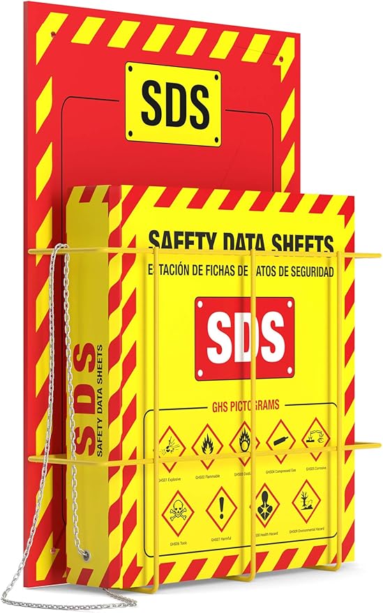 MSDS Wall Station with 3” SDS Binder & Wire Rack, OSHA/GHS Safety Data Sheet Station, Bilingual Labels, Display Sign, Chain & Mounting Hardware
