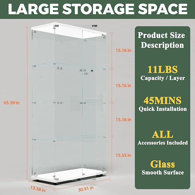 Glass Display Cabinet with LED Light Strip, 4 Shelves with 2 Doors, Curio Storage Cabinets with Lock & Caster for Living Room, Office, Floor Standing Glass Bookshelf, Quick Installation - White