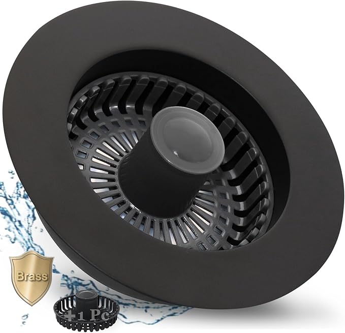 3 in 1 Kitchen Sink Stopper, Pop Up Kitchen Sink Drain Strainer, with an Extra Basket Strainer, Kitchen Sink Drain Stopper for US Standard 3-1/2 Inch, Brass Material Electroplate Black
