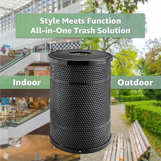 55 Gallon Perforated Recycle Container with Flat Lid, Steel Outdoor Heavy-Duty Commercial Trash Can, Black Round Waste Bin, Durable Garbage Can for Municipalities, Schools, Parks, Parking