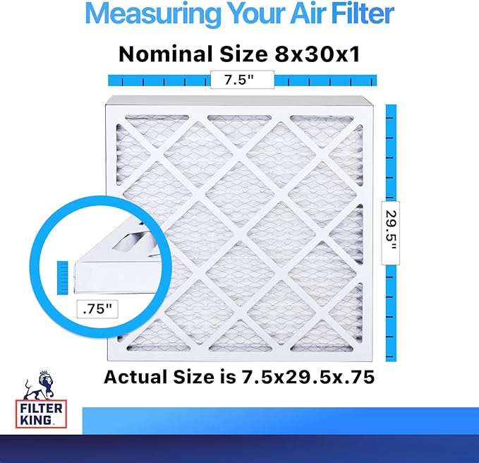Filter King 8x30x1 Air Filter | 3-PACK | MERV 8 HVAC Pleated A/C Furnace Filters | MADE IN USA | Actual Size: 7.5 x 29.5 x .75"