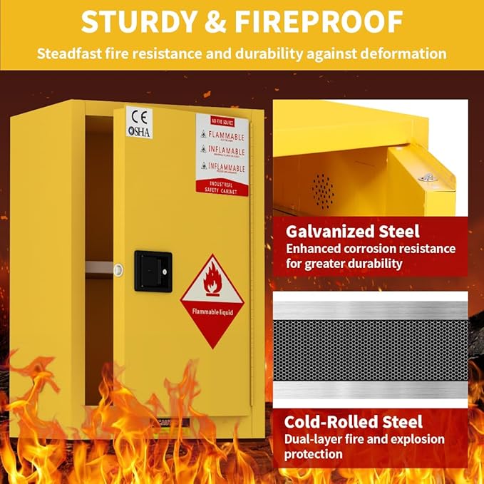 38"H × 28"D × 24"W Explosion Proof Flammable Storage Cabinet, Thick Fireproof Safety Cabinet with Adjustable Shelves and Locker, Galvanized Steel Safety Cabinet for Industrial and Commercial