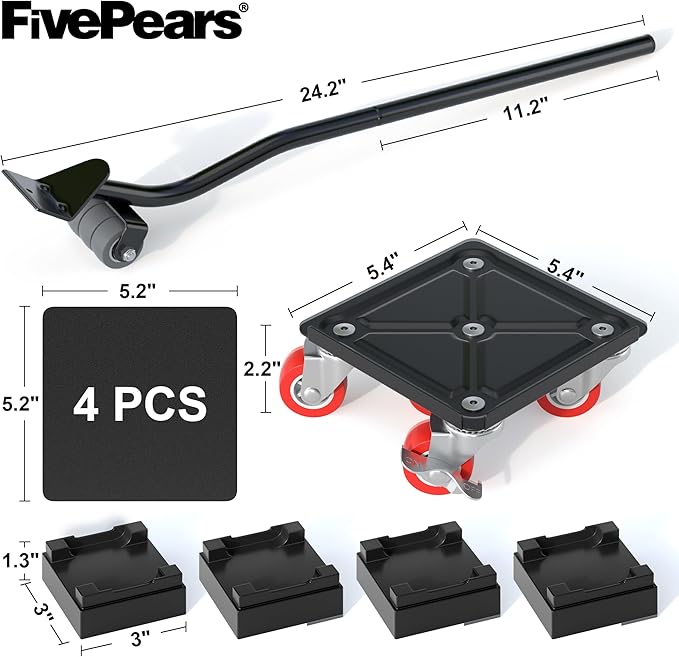 Fivepears Furniture Lift Mover Tool Set-3000 lb,5-Wheel Heavy-Duty Furniture Dolly with Handle,360°Swivel Casters Trolley-Ideal for Moving Heavy Machinery, Equipment, Pianos, Couches and Carpeted