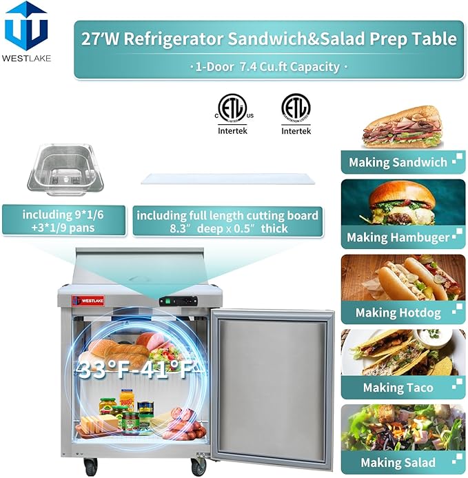WESTLAKE 27" W Refrigerator Sandwich & Salad Prep Table Commercial Single Door Mega Top Refrigerator Stainless Steel Counter Fan Cooling with 12 pans-27 Large Capacity Inches for Restaurant