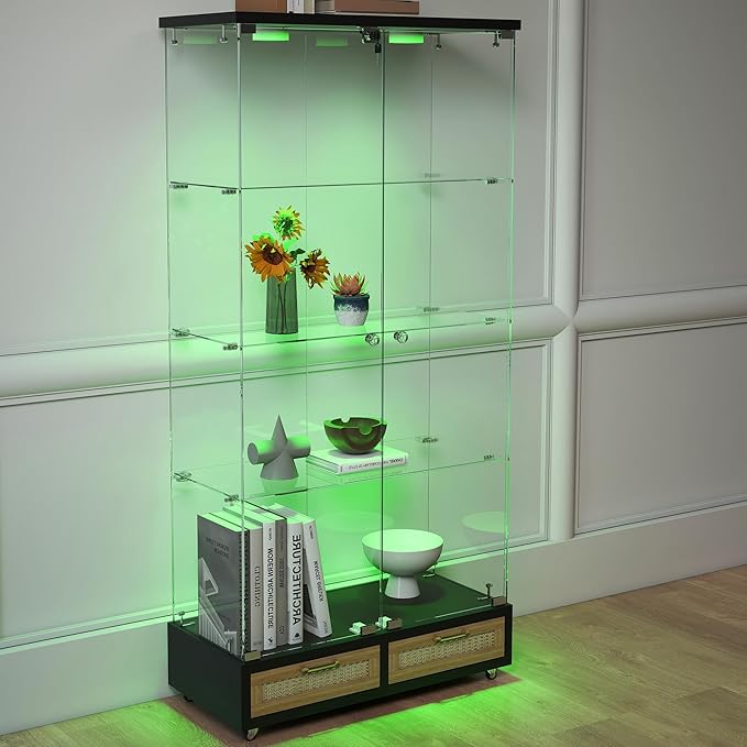 Yoluckea 4 Tier Glass Display Cabinet with LED Lighting and 2 Drawers, 2 Doors Floor Standing Curio Cabinet with Wheel for Home, Office, Corner Display, Black Glass Bookshelf for Collections and Decor