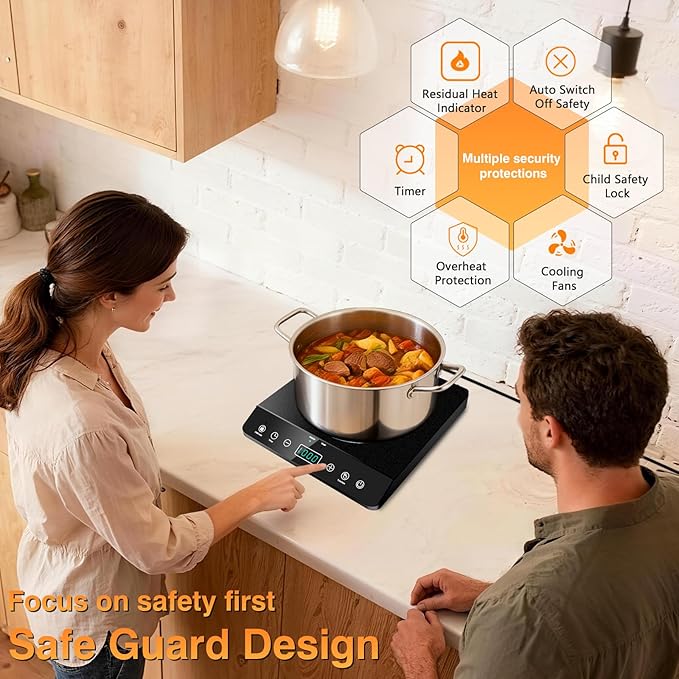 Single Burner Induction Cooktop, ETL-Certified 1800W Portable Induction Cooktop Large 8 inch Heating Coil, 12 Temp Settings up to 465℉ Electric Stove Hot Plate with 3 Hour Timer, Safety Lock