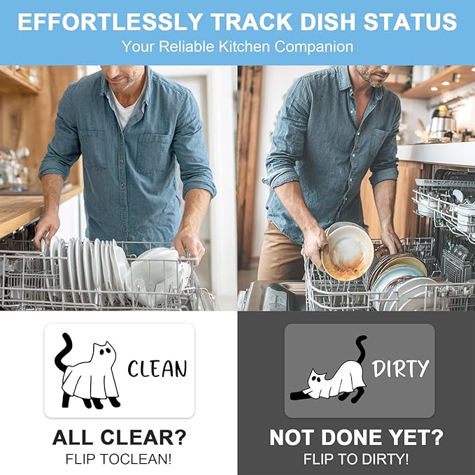 Funny Halloween Cat Cartoon Clean Dirty Dishwasher Magnet, Cute Cat Refrigerator Clean Dirty Sign, Double Sided Reversible Non Scratch Dish Washer Magnet Sign, Halloween Home Kitchen Decor Gift