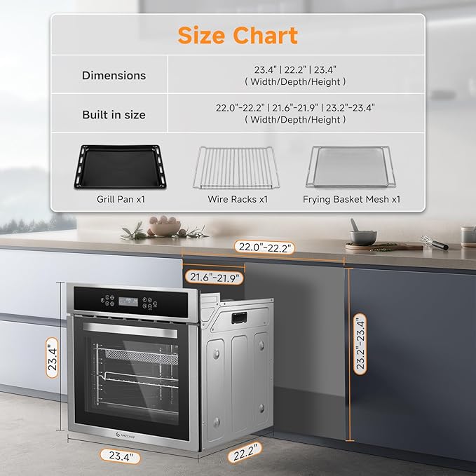 Wall-Oven-24-inch-Wall-Oven, Electric Wall Oven 24 inch, 2.5 Cu.Ft. Single Wall Oven with Frying Basket, 10 Cooking Functions & 8 Shortcut Menu 2800W Built-in Convection Oven