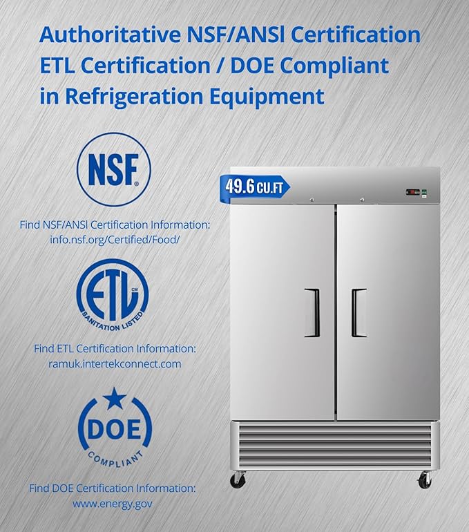54" W Commercial Refrigerator, 49.6 Cu.ft Reach-In Double Door Stainless Steel commercial fridge, 6 Shelves, Fan Cooling, Auto Defrost, Digital Thermostat - Ideal for Restaurant, Bar, Cafe, Shop
