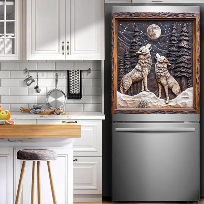 Wolves Howling at Moon Magnetic Dishwasher Cover Vinyl Sticker,Forest Scene with Pine Trees Dishwasher Magnet Cover, Wood Fridge Door Cover Magnets Art Skin Panel Decal for Home Decor, 23"X26"