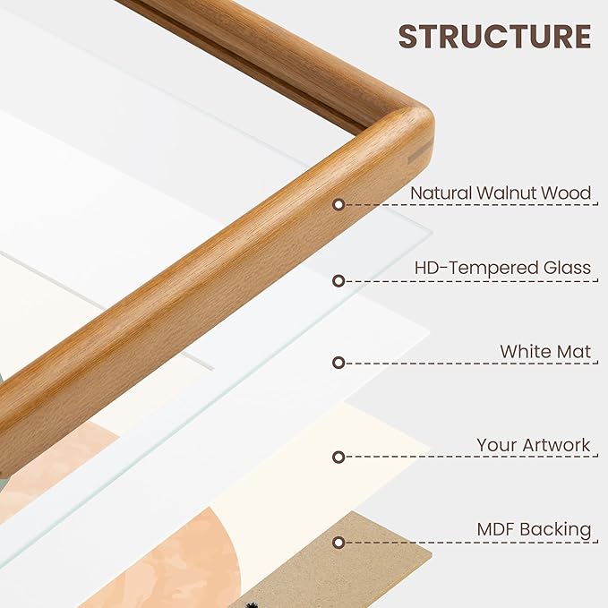 Axeman 6x8 Picture Frame - Solid Teak Wood Frame With Mat for 5x7 - Rounded Corner 6x8 Frame with Tempered Glass for Tabletop Display