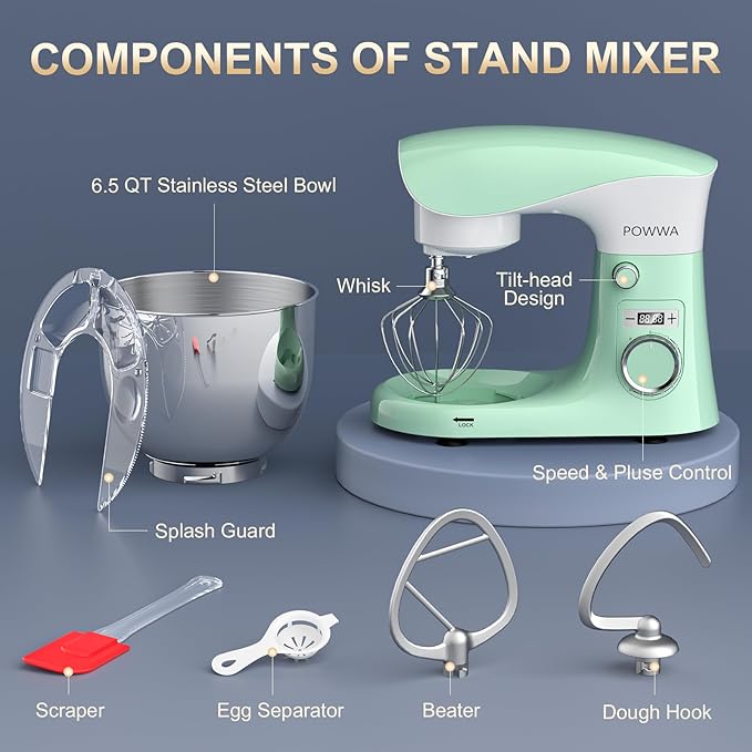 Stand Mixer, 6.5QT 10 Speeds Tilt-Head Electric Stand Mixer, 3-In-1 Kitchen Mixer with Bowl, Dough Hook, Whisk and Beater, Food Mixer for Baking and Daily Use (Green White)