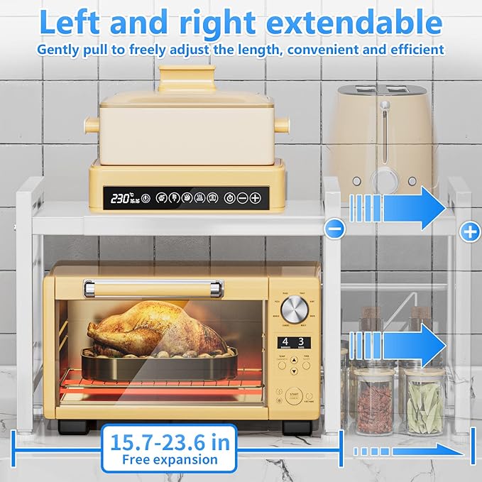 Over the Microwave Shelf - Adjustable Countertop Stand 2 Tier Rack (L15.723.6" xW12.8 xH17.7) with Spice Organizer and 6 Hooks for Kitchen White