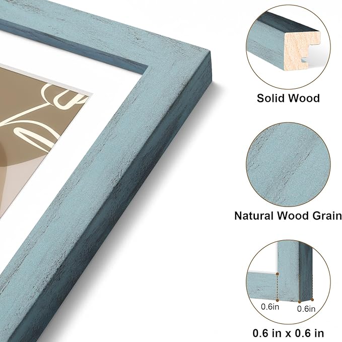 Vittanly 11x17 Picture Frame, Solid Wood Frame with Plexiglass, Includes 8x12 Mat, Wall Hanging for Photos, Home Decor, Rustic Blue, 1 Pack