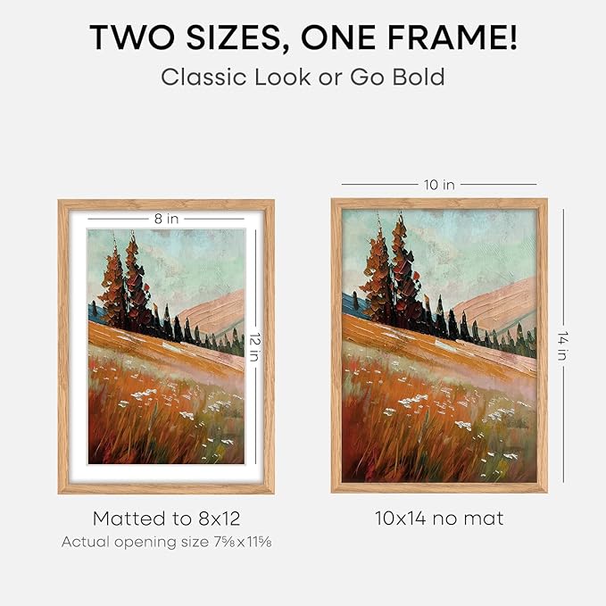 Homeforia 10x14 Picture Frame Wood, High End Natural Oak 10x14 Light Wooden Poster Frames with Mat 8x12, 10 x 14 Frames Matted to 8 x 12 Photo, 14x10 Hanging Frames, Tempered Glass, Wall Kit, Set of 1