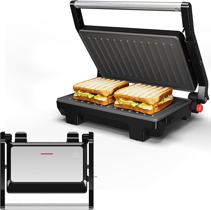 Panini Press Grill Indoor: Sandwich Maker with Nonstick Plates, Easy to Clean, 1000W Portable Panini Maker with Locking Lid, 3-in-1 Electric Grill Opens 180° for Cooking More