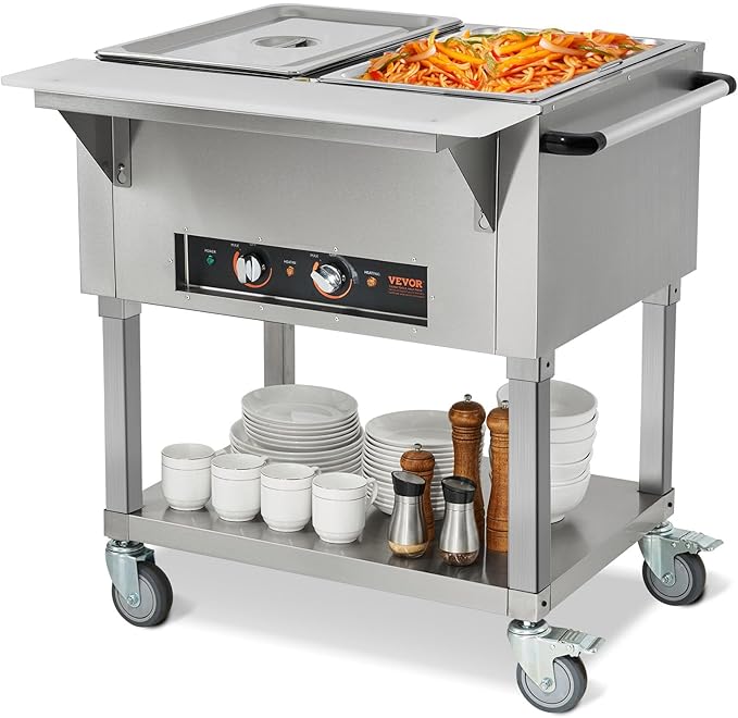VEVOR 2-Pan Commercial Food Warmer, 2 x 20.6QT Electric Steam Table, 1000W Professional Buffet Catering Food Warmer with 4 Wheels (2 Lockable), Food Grade Stainless Steel Server for Party Restaurant