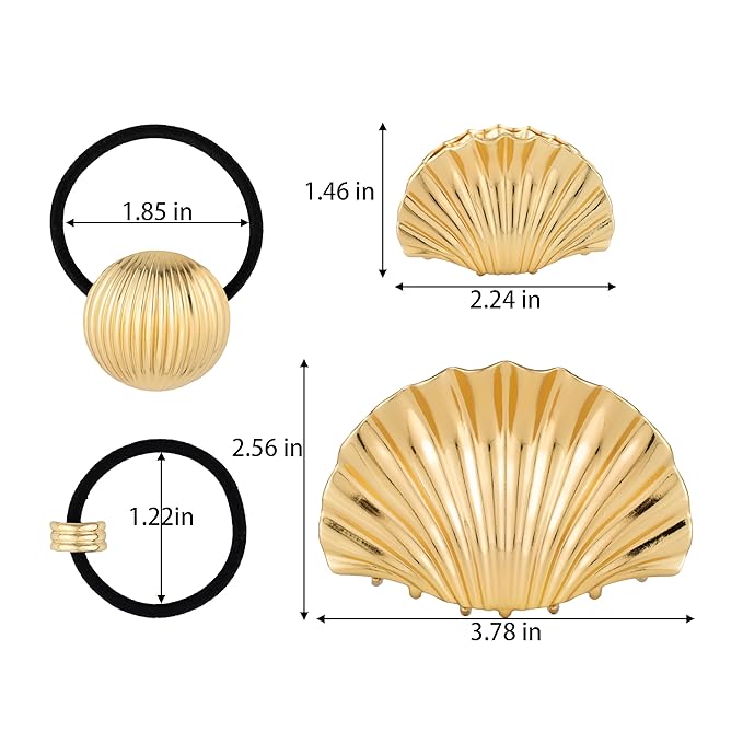 4PCS Gold Hair Set - 2 Metal Hair Ties + 2 Shell Hair Clips, Non-Damage Ponytail Holders & Decorative Hair Clips