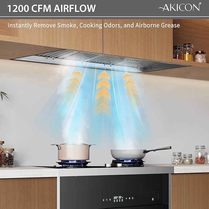 Akicon 48 Inch Range Hood Insert With Heater Sensor, 1200 CFM Ultra-Quiet Stainless Steel Ducted Vent Hood Insert with 4 Speed Fan, Dimmable LED Lights and Dishwasher Safe Filters