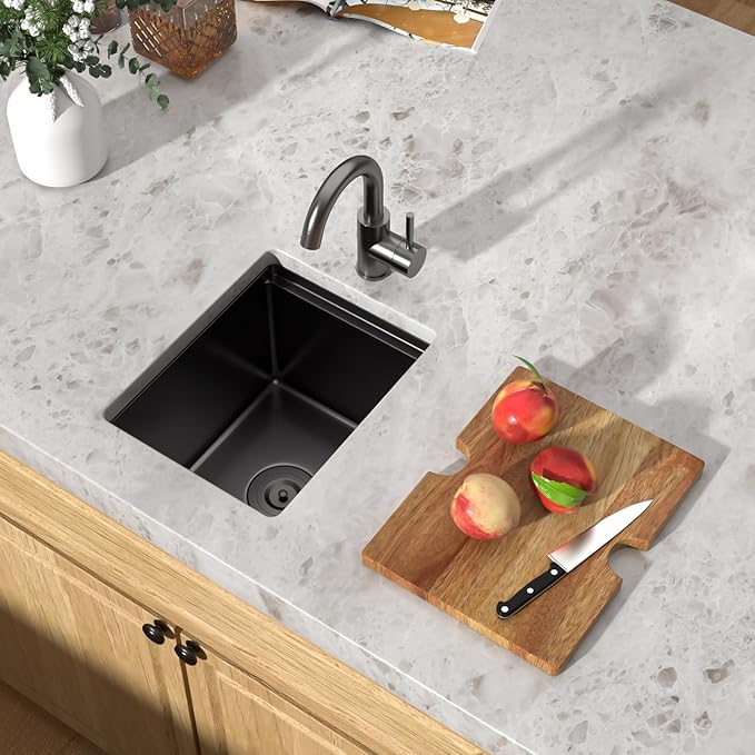 Undermount Bar Sink - 12 Inch Workstation Gunmetal Black Bar Sink Stainless Steel 16 Gauge Single Bowl Under Counter Small Wet Prep Sinks with Cutting Board #TLU-0016