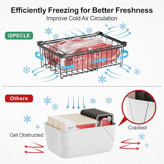 iSPECLE Deep Freezer Organizer Bins for 10 to 20 Cu.Ft, 3 Pack Stackable & Hanging Baskets, Expandable Metal Wire Storage System, Fits 17.5"-22.6" Width, Chest Freezer Only, Black