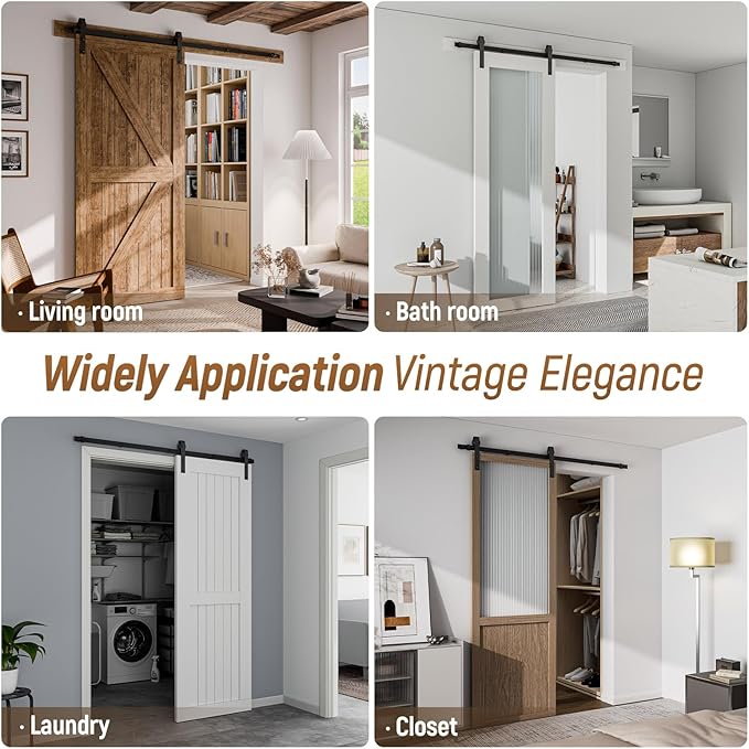 CCJH 5FT Single Sliding Barn Door Hardware Kit Black Basic Roller Carbon Steel Hanger Flat Track System for Closet Kitchen 1 Door 30 inch Wide