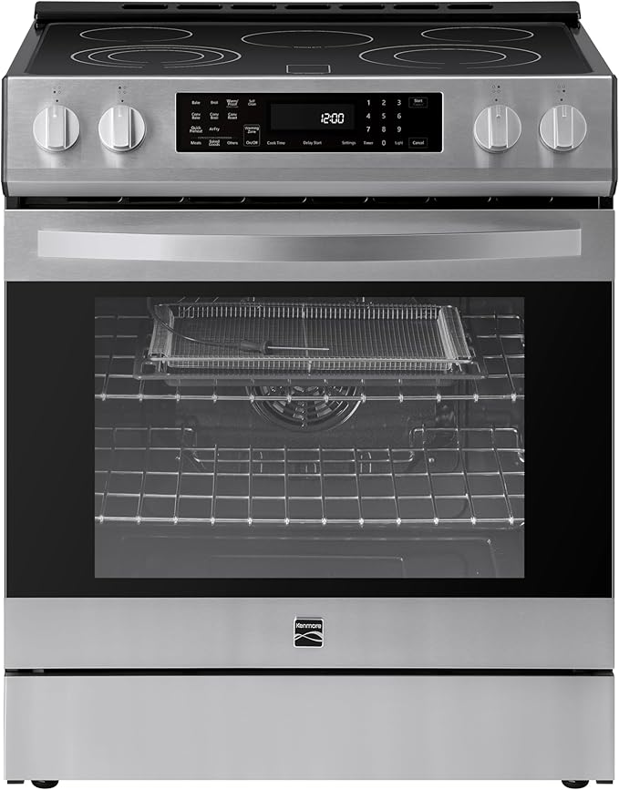 Kenmore 5.6 cu. ft. Front Control Electric Range Oven with 5 Elements - True Convection, Air Fry, Self Clean Oven, Temperature Probe, Ultra Durable Chrome Racks, Large Window - Stainless Steel