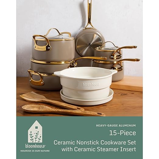 Bloomhouse - Two Time Oprah's Favorite Things Winner - 15 Piece Pots and Pans Heavy Duty Aluminum Premium PFA Free Ceramic Nonstick Dutch Oven Pot with Lid - Cappuccino Cream with Gold Handle