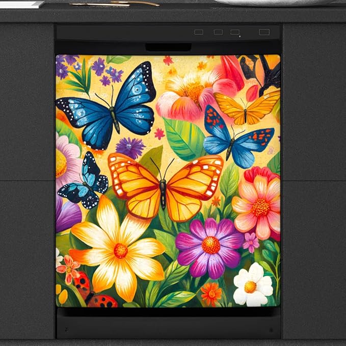 Colorful Butterflies Flowers Dishwasher Magnet Cover Front Dishwasher Cover Decor Reusable Magnetic Door Cover Panel Decal Home Appliances Stickers Kitchen Refrigerator Fridge 23"x26"