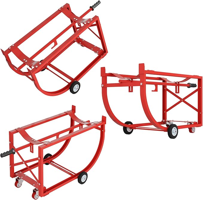 55 Gallon Drum Cradle, 600 lbs Capacity Steel Drum Dolly with Wheels, Drum Rack with Retractable Dump Bar, Movable Drum Handling Cradle for Factory, Workshop, Garage, Warehouse, Red