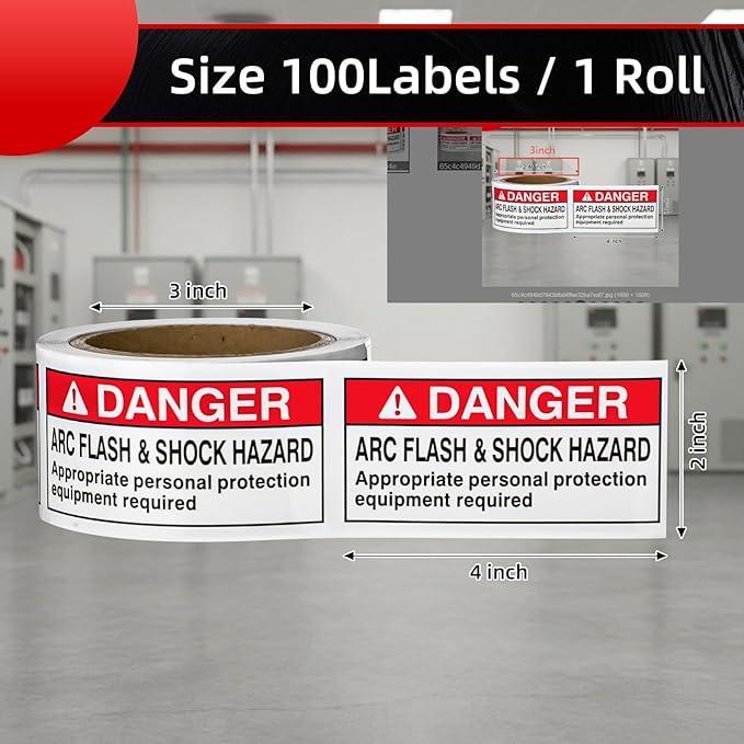 100 PCS DANGER Arc Flash and Shock Hazard Label - 2 x 4 Black & Red Electrical Safety Warning Decal High Performance Polyester Safety Sticker Signs for the Workplace